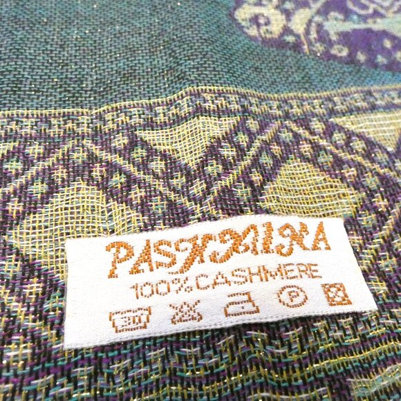 Silk Cashmere Scarf Teal Purple Pashmina Thailand Gold Embossed Elephant Luck NW - Picture 3 of 6